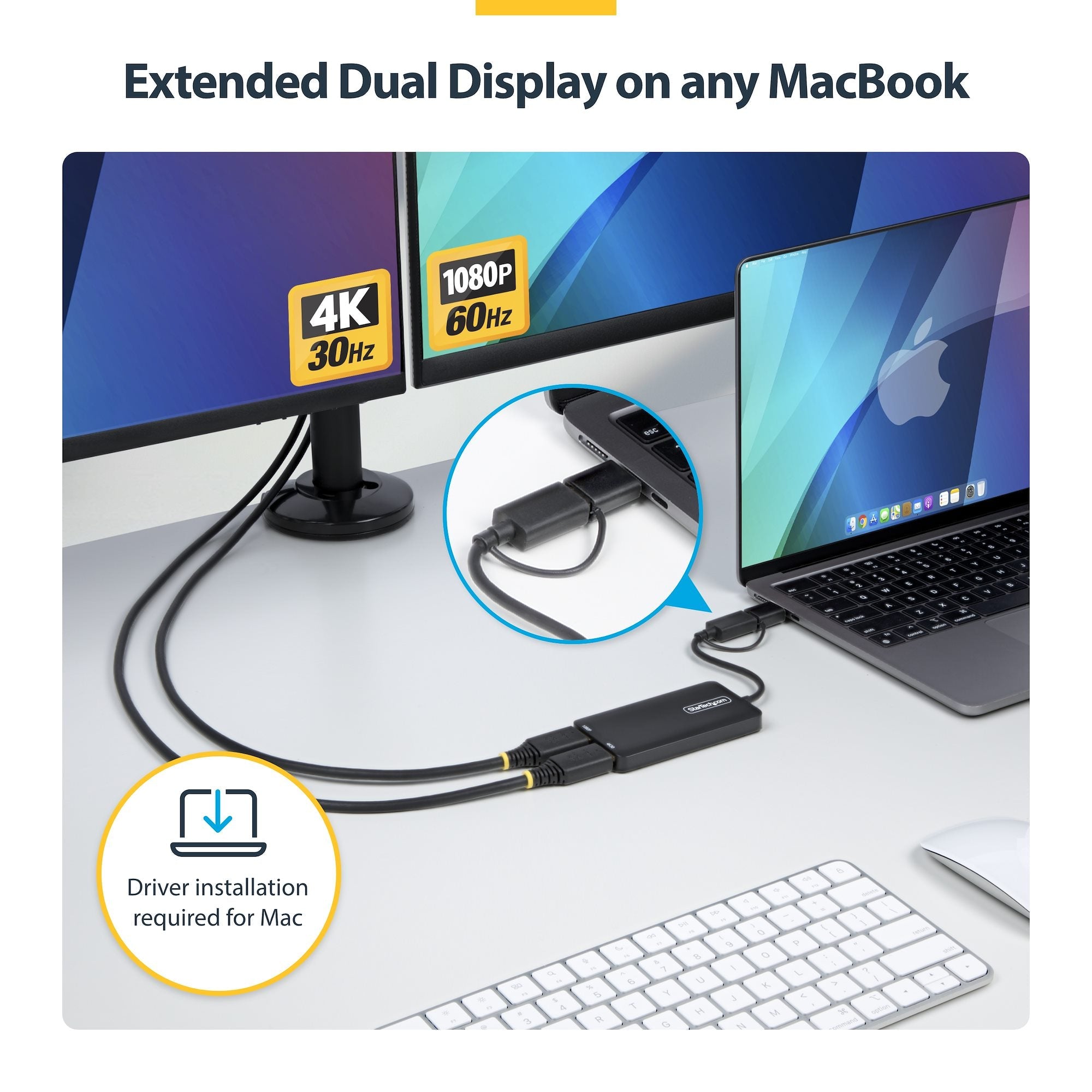 USB to Dual HDMI Adapter, USB A/C to 2x HDMI Displays (1x 4K30Hz, 1x 1080p), 4.3in/11cm Cable, USB 3.0 to HDMI Display Adapter, Windows/macOS, Black 