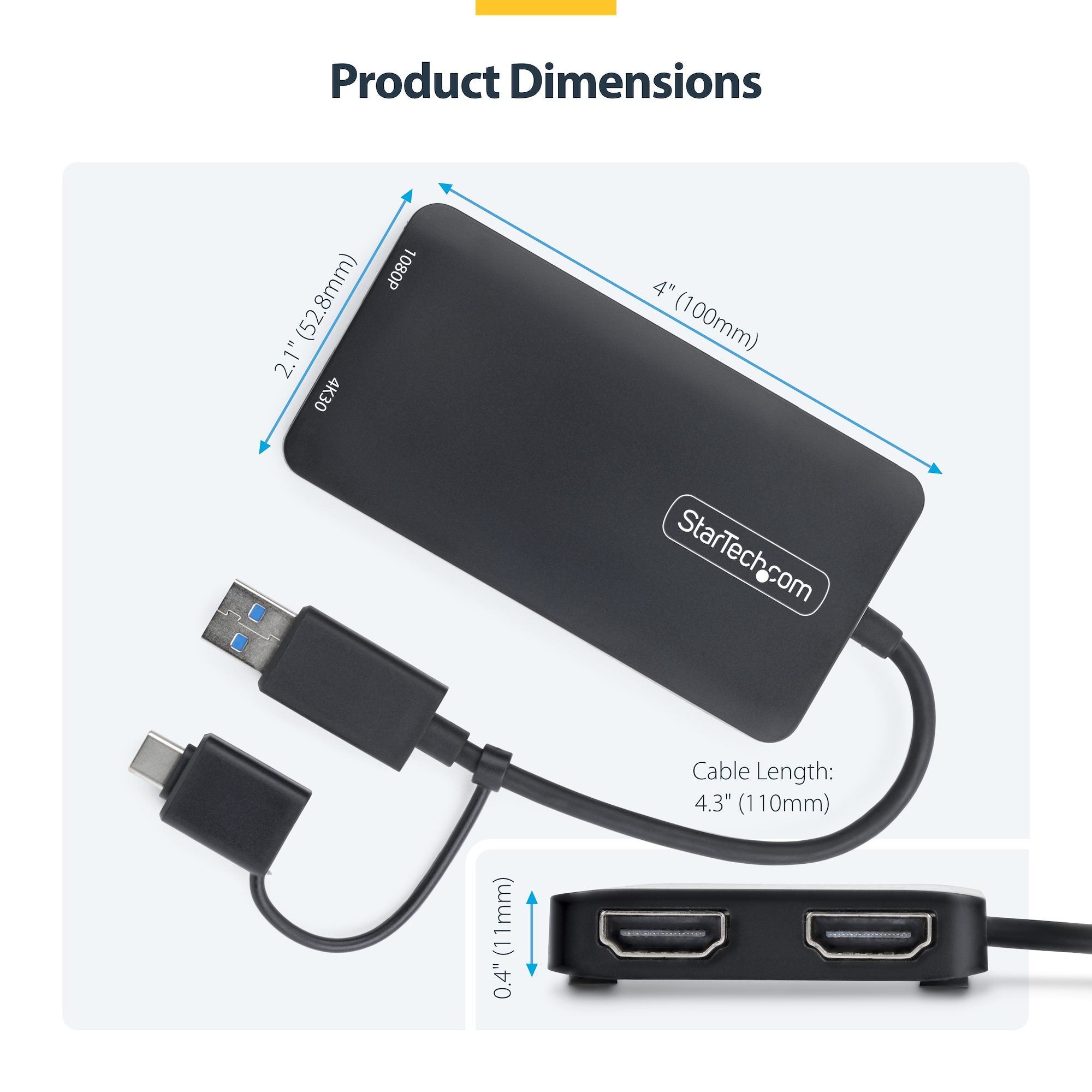 USB to Dual HDMI Adapter, USB A/C to 2x HDMI Displays (1x 4K30Hz, 1x 1080p), 4.3in/11cm Cable, USB 3.0 to HDMI Display Adapter, Windows/macOS, Black 