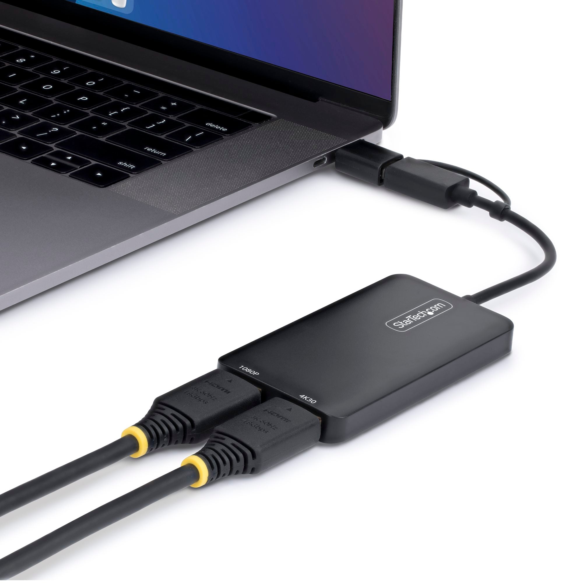 USB to Dual HDMI Adapter, USB A/C to 2x HDMI Displays (1x 4K30Hz, 1x 1080p), 4.3in/11cm Cable, USB 3.0 to HDMI Display Adapter, Windows/macOS, Black 