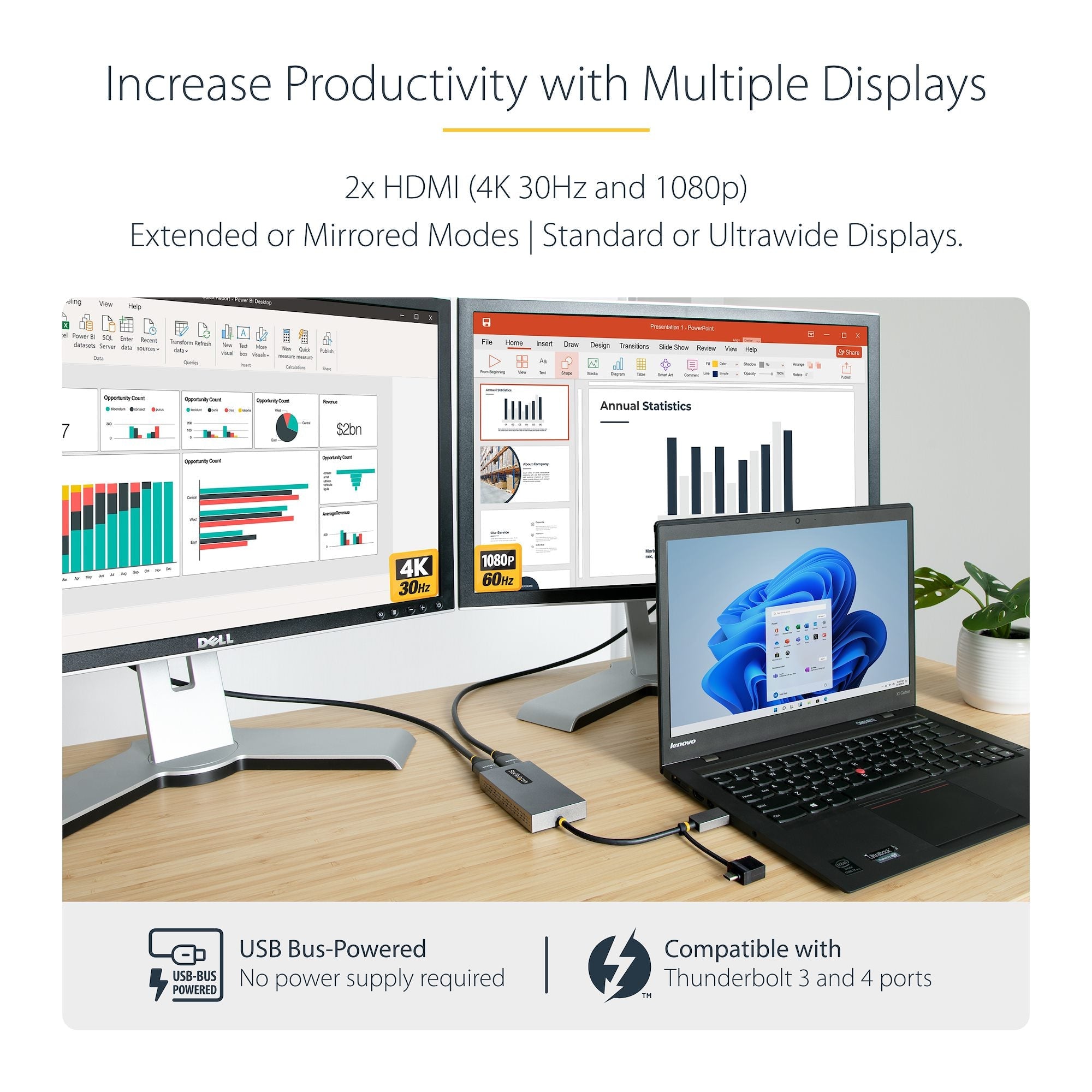 USB to Dual HDMI Adapter, USB A/C to 2x HDMI Displays (1x 4K30Hz, 1x 1080p), Integrated USB-A to C Dongle, 4in/11cm Cable, USB 3.0 to HDMI Display Adapter, Windows & macOS 