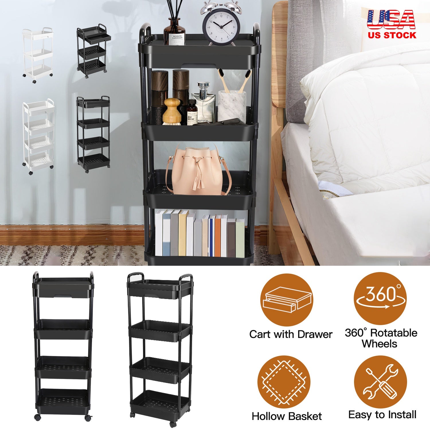 4 Tier Rolling Utility Cart Movable Storage Organizer with Drawer Lockable Wheels 360 Degree Rotatable Hallow Design for Bedroom Bathroom Kitchen 