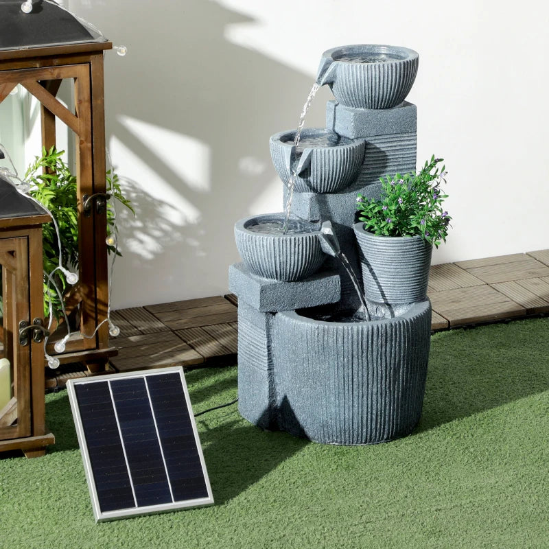 Solar Powered Outdoor Water Fountain, 4-Tier Floor Standing Resin Cascading Bowls Waterfall Fountain with LED Lights