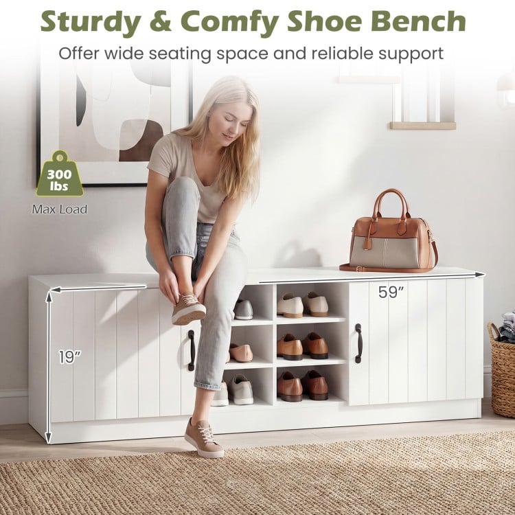 2-Door Shoe Bench Storage Cabinet with Adjustable Shelves-White