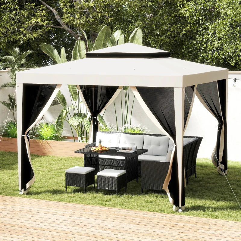 10' x 10' Outdoor Canopy Tent Party Tent with Mesh Netting and Double Tier Roof for Backyard, Garden, Patio, Beige