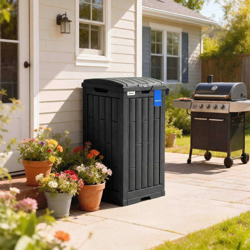 29 Gallon Outdoor Garbage Bin with Dual Lid, Plastic Outdoor Waste Trash Can with Side Holder and Drip Tray, Black