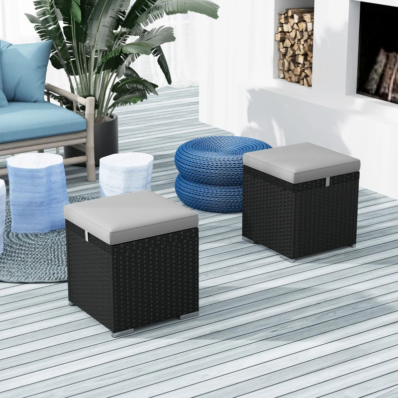2 Pieces Wicker Outdoor Ottoman with Storage, Cushion, Square Outdoor Footstool, Seating, Side Table, Light Grey