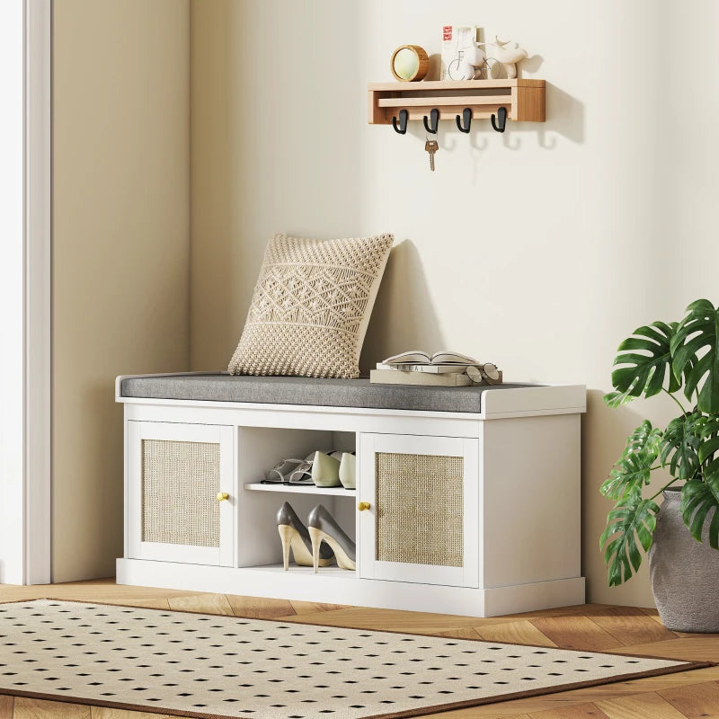 Shoe Bench with Padded Cushion, Boho Entryway Bench with Rattan Doors and Adjustable Shelves, Holds 9 Pairs, White