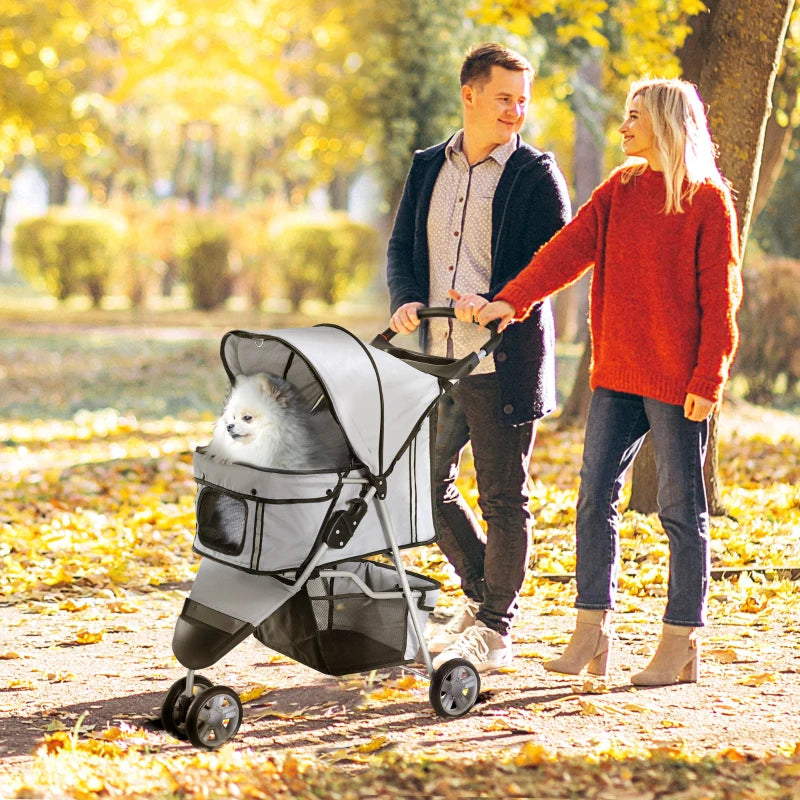 3 Wheels Foldable Dog Stroller with Storage Basket, Adjustable Canopy, Cupholder for Miniature and Small Dogs, Grey