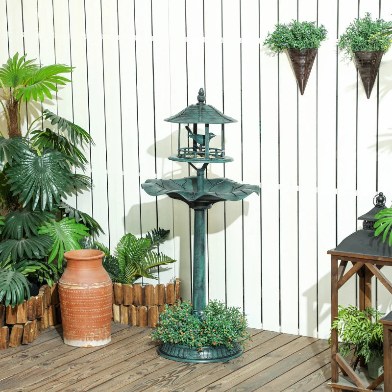 3-in-1 Garden Bird Bath Bowl Pedastal with Large Water Basin, Bird Feeder & Underneath Flower Planter, Green