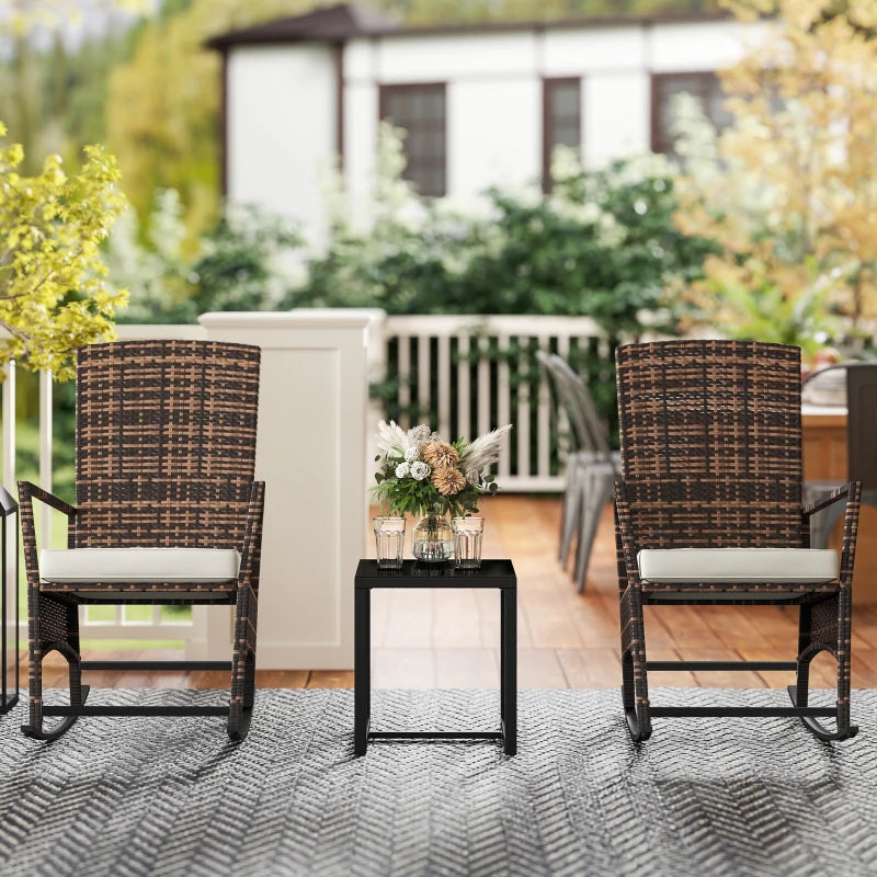 3 Piece Rocking Bistro Set, Wicker Patio Furniture with 3-Level Reclining High Back Rocking Chair and Glass Table, White