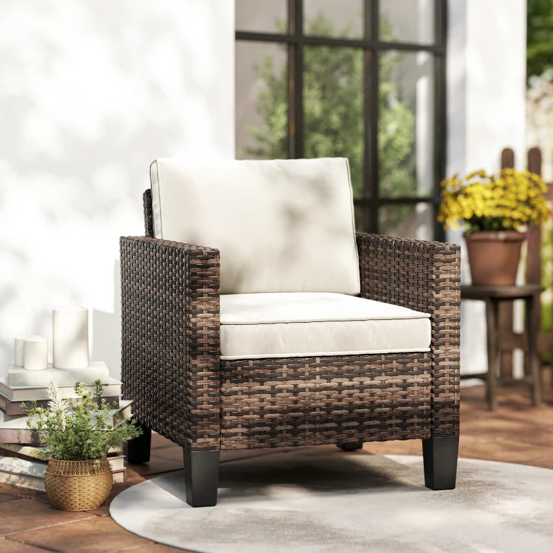 Single Outdoor Wicker Chair, Rattan Patio Chair with Armrests and Cushions for Balcony, Porch, Deck, Cream White