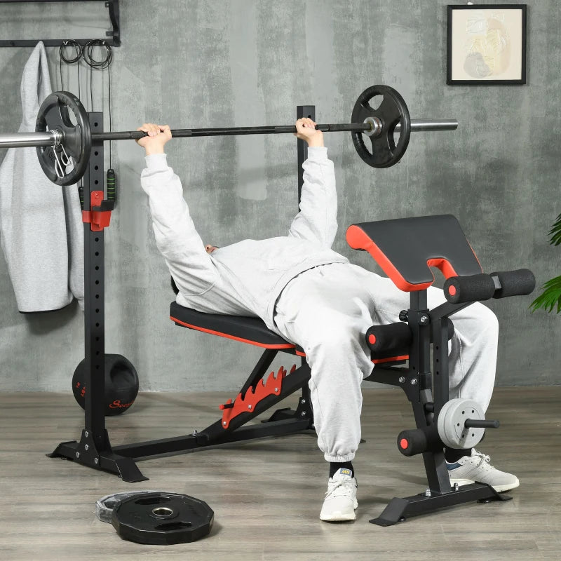 Soozier Adjustable Weight Bench with Squat Rack, Preacher Curl Pad and Leg Developer, Home Gym Bench for Full Body Workout