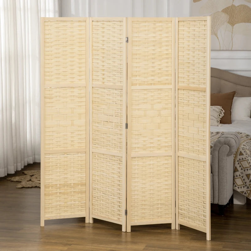 4-Panel Room Divider, 5.6 FT Bamboo Freestanding Folding Privacy Screen for Indoor Bedroom Office, Natural Wood