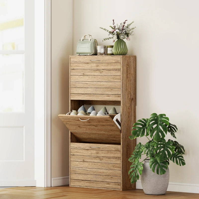 Shoe Storage Cabinet with 3 Flip Drawers, Narrow and Slim, 12 Pair of Shoes Organizer for Hallway, Entryway, Oak