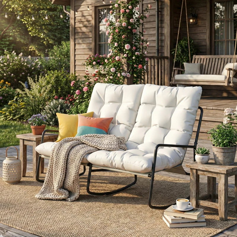 2-Person Outdoor Rocking Chair, Rocking Outdoor Bench with Cushions and Mesh Seat, 528 LBS Capacity, Light Grey