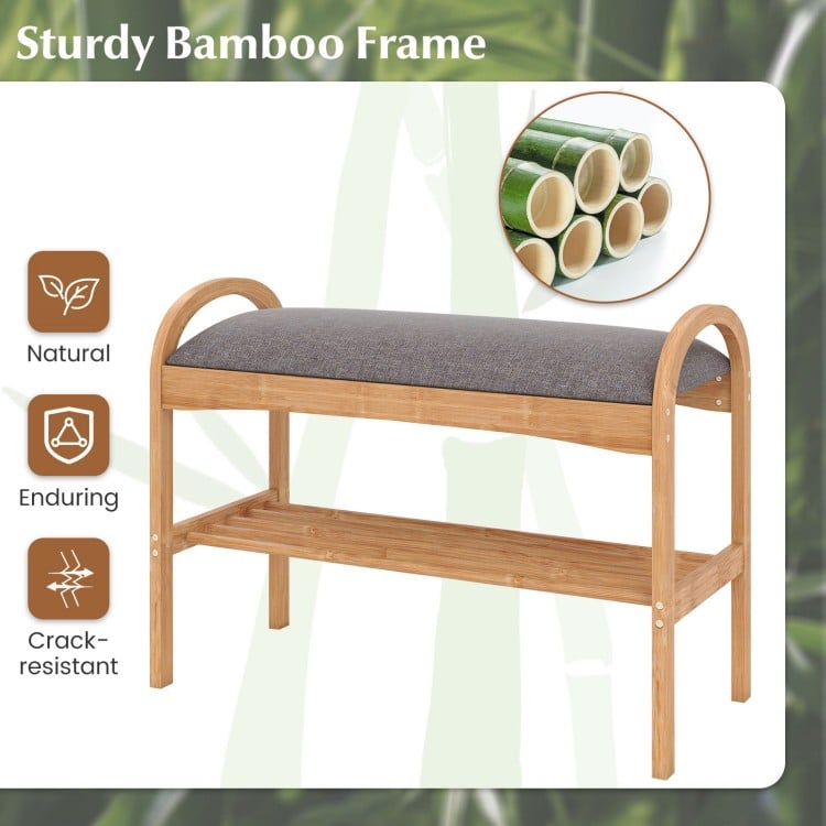 2-Tier Bamboo Shoe Bench with Padded Cushion and Shelf-Gray
