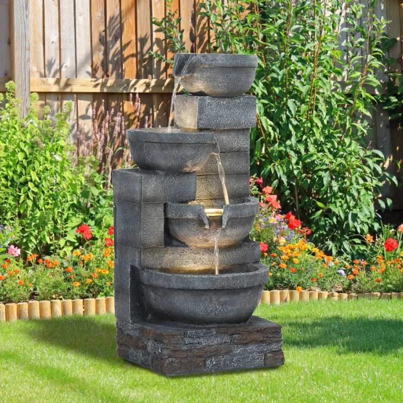 30" Tall Outdoor Water Fountain with LED Lights, 4-Tier Resin Cascading Bowls Garden Fountain Waterfall Fountain with Pump, Grey