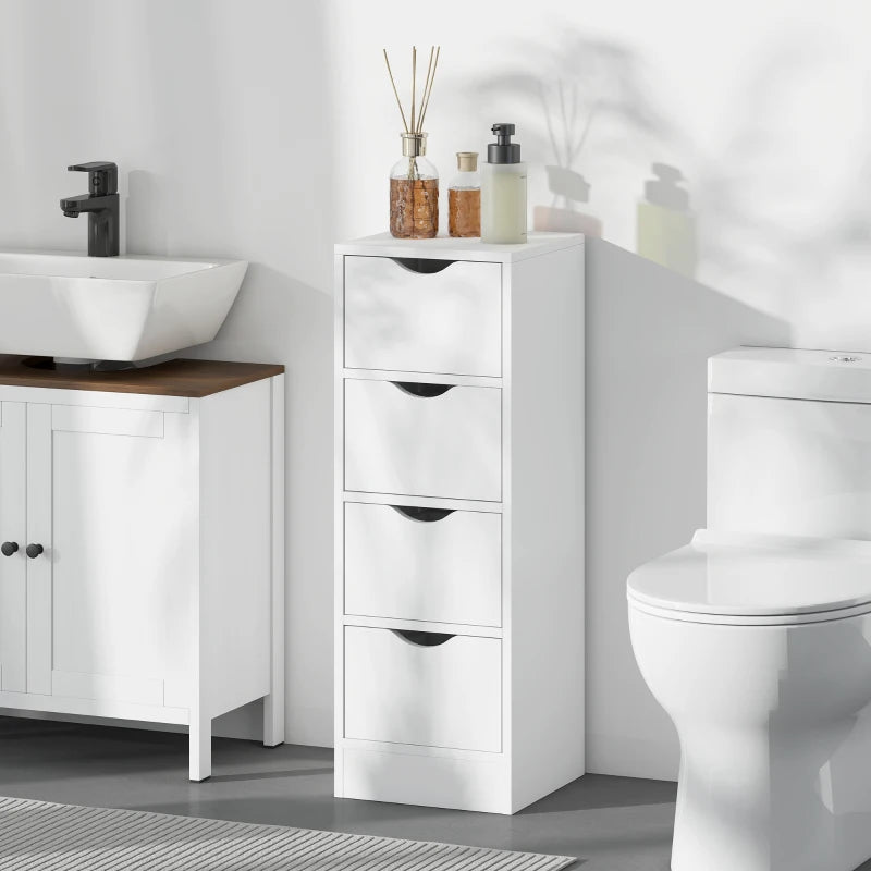 4-Drawer Bathroom Cabinet, Freestanding Narrow Storage Cabinet with Groove Handles for Small Spaces, White