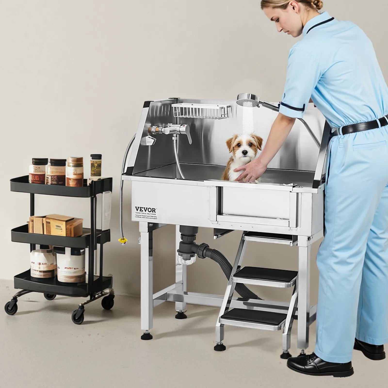 VEVOR 34" Dog Grooming Bath Tub Stainless Steel w Stairs Faucet Showerhead