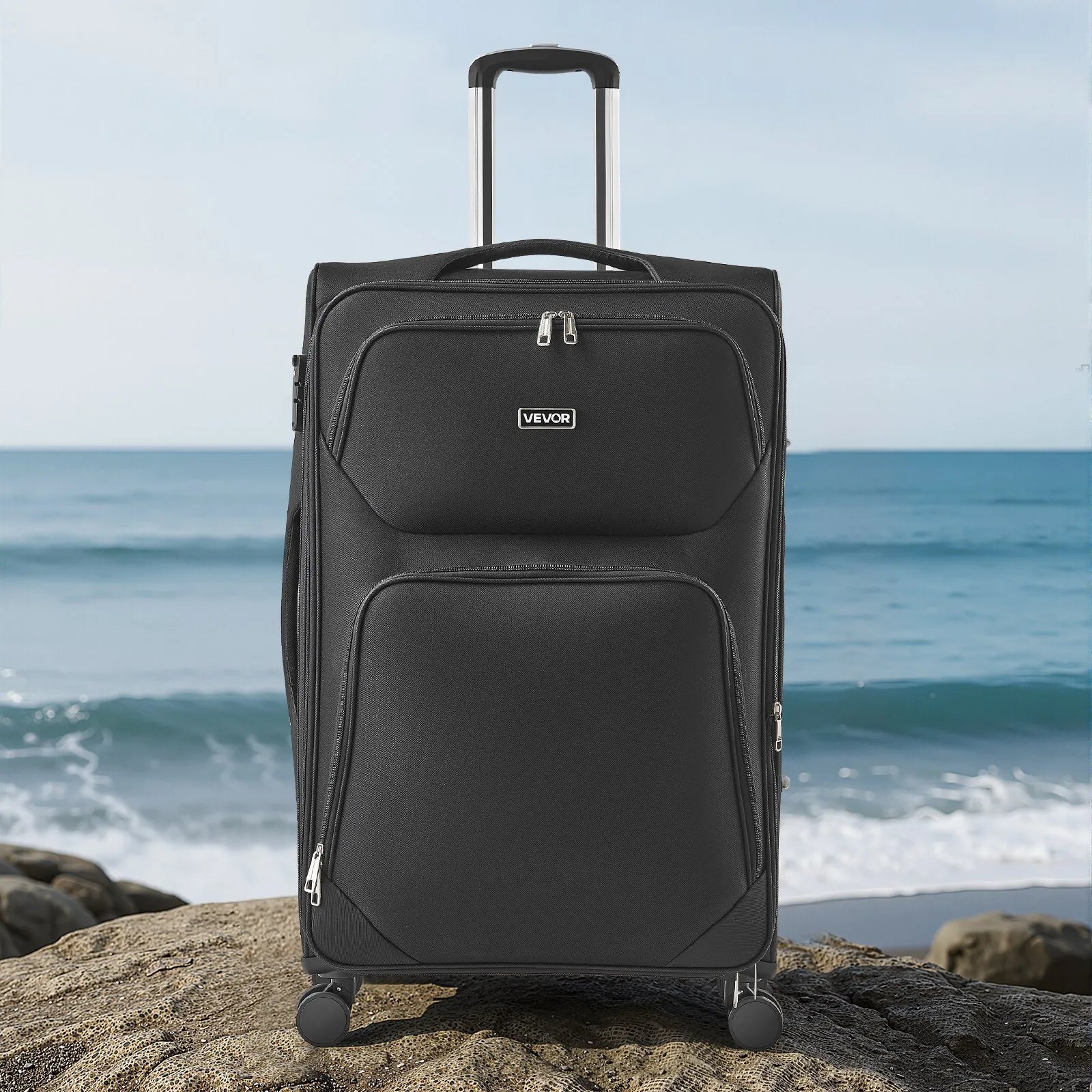 VEVOR 28" Softside Expandable Luggage with Spinner Wheels Checked Suitcase Black
