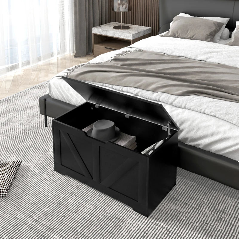 31.5 Inches Storage Chest, Storage Trunk with 2 Safety Hinges for Living Room, Black Wood Grain