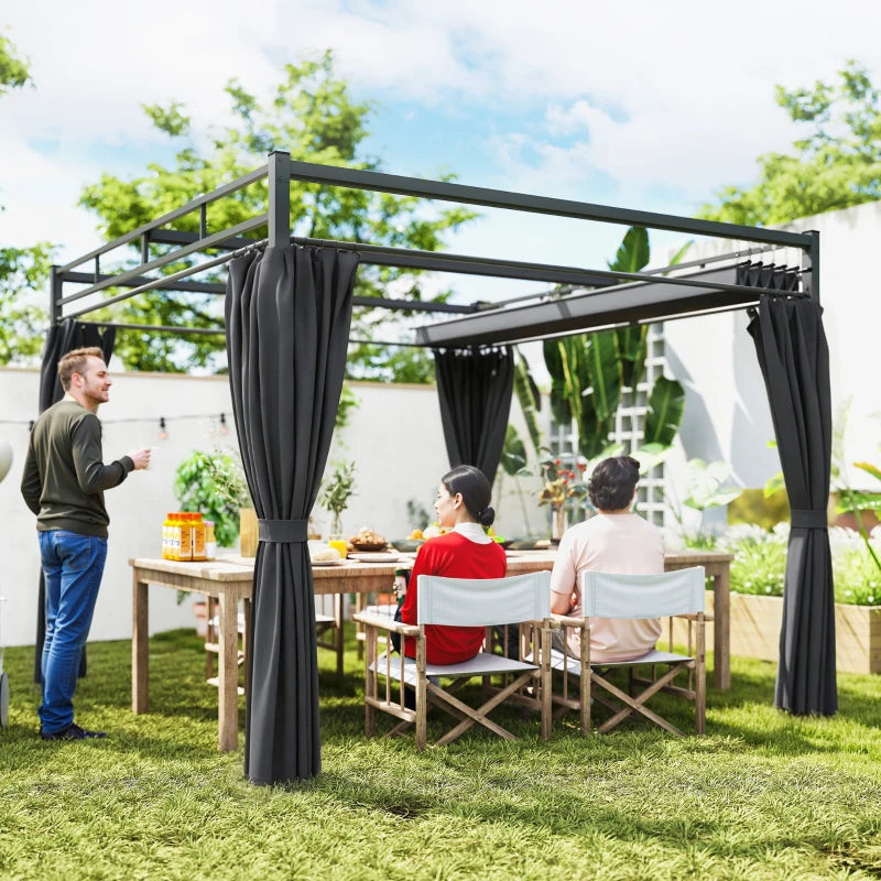 10' x 10' Outdoor Gazebo, Retractable Pergola Canopy with Curtains, UPF30+ Free Standing Metal Pergola Kit, Dark Grey