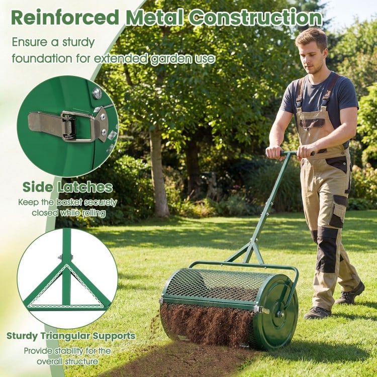 24 Inch Compost Spreader Peat Moss Spreader Roller with Height-Adjustable T-Shaped Handle-Green