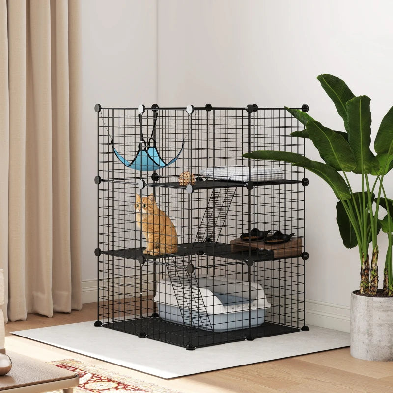 3 Tier Cat Cage Crate, DIY Pet Playpen with 3 Doors, Ladders, Hammock, Platforms, Indoor Playpen for Kittens, Black