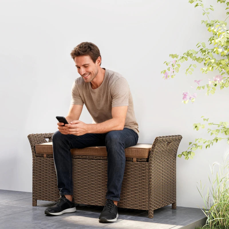 2-In-1 Outdoor Storage Bench, 29 Gallon Wicker Deck Box with Handles and Cushion, Tan