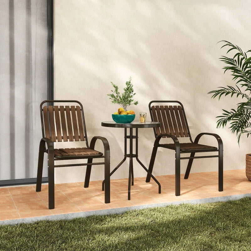 3 Pieces Patio Bistro Set, 2 Stackable Chairs with Tempered Glass Table, for Outdoor, Garden Backyard Porch, Dark Brown