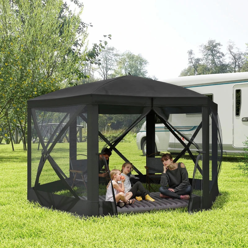12' x 12' Hexagon Automatic Pop Up Screen Tents, Camping Shelter w/ Mesh Sidewalls and Carry Bag Black