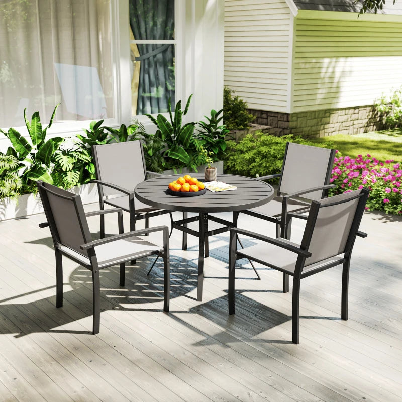 5 Piece Outdoor Dining Set with Round Table and 4 Stackable Chairs, for Backyard, Lawn, Deck, Balcony, Pool Side