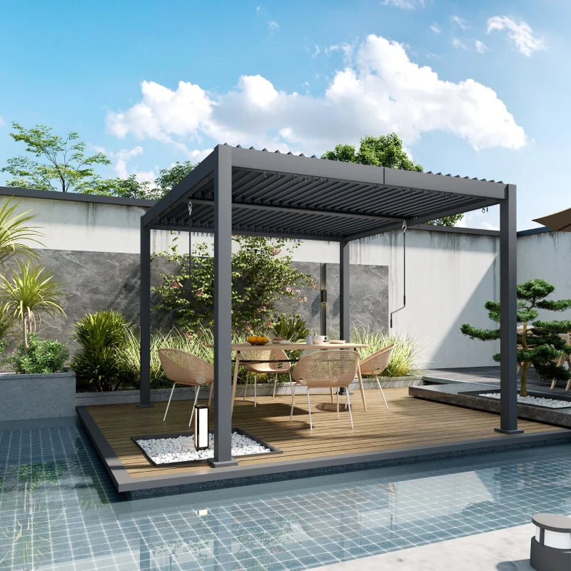10' x 10' Louvered Pergola with Adjustable Metal Roof and Aluminum Frame, Outdoor Hardtop Gazebo with Drainage System