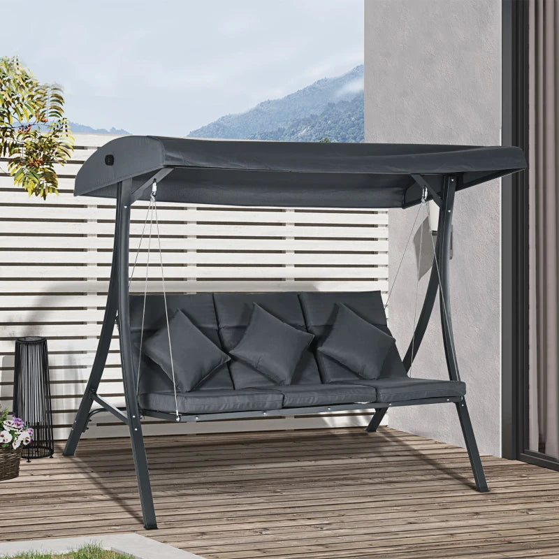 3-Person Patio Swing Chair, Outdoor Porch Swing Bench with Adjustable Canopy, Cushioned Seat, Dark Grey