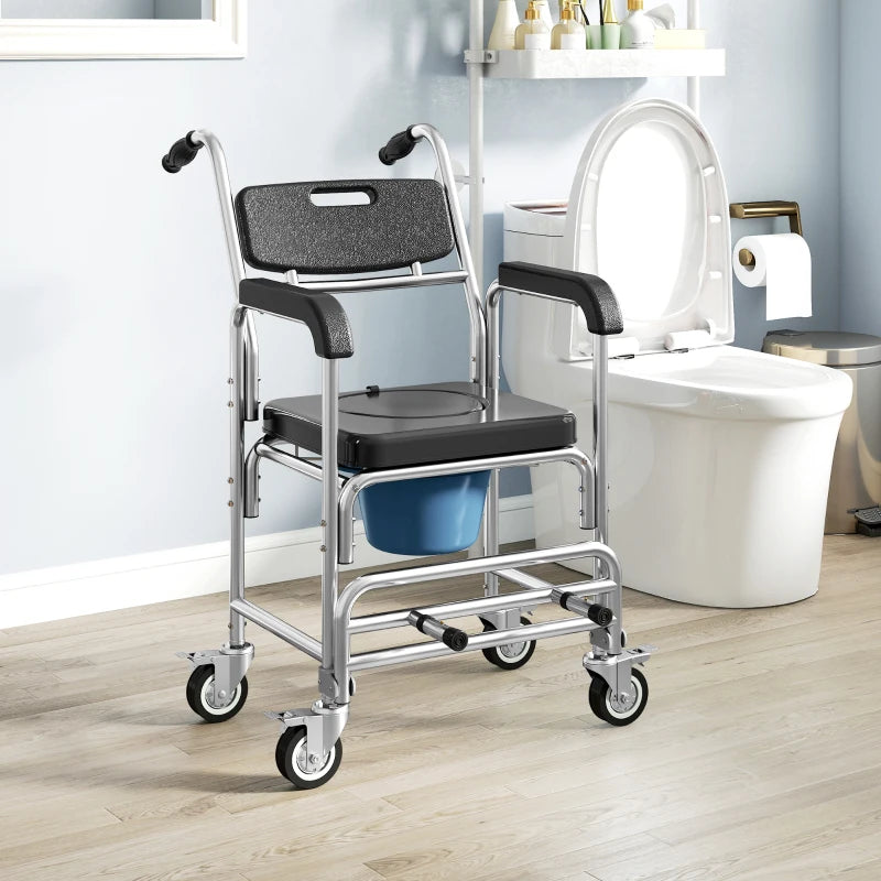 3-in-1 Shower Commode Wheelchair, Transport Beside Commode Chair with Padded Seat for the Elderly, Disabled