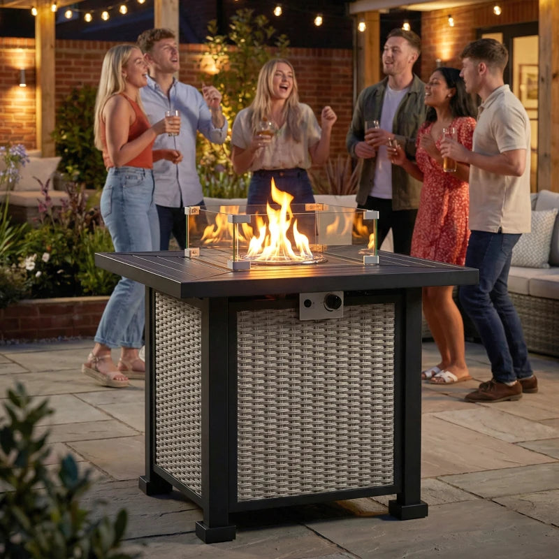 32" Propane Gas Fire Pit Table, 50,000 BTU Square Patio Table with Fire Pit, Wind Guard, Lid, CSA Certified, Grey