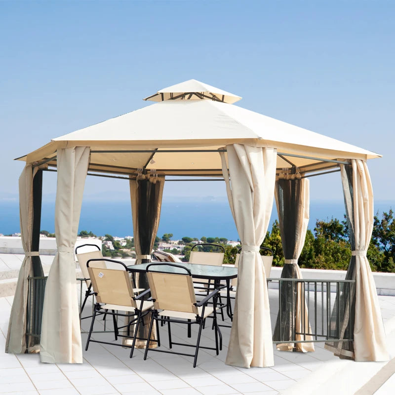 13ft Hexagon Gazebo Outdoor Canopy Shelter with Netting and Shaded Curtains Beige