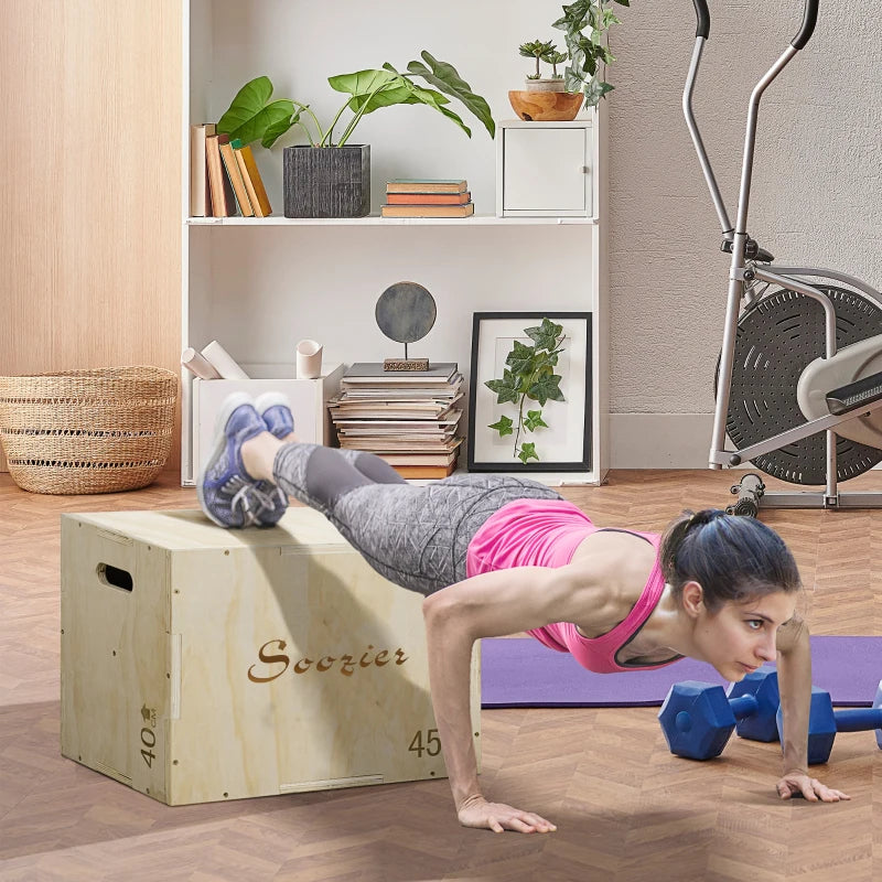 Soozier 3-in-1 Wooden Plyo Box, Plyometric Jump Box with Handle Openings for Home Gym, Workout Training, Natural