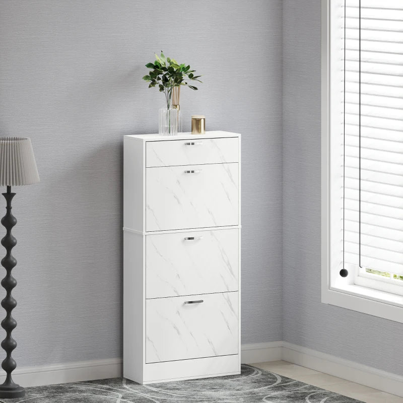 3 Flip Drawer Shoe Cabinet, Marble-Effect Narrow Shoe Storage Cabinet with Top Drawer and Adjustable Shelves, White
