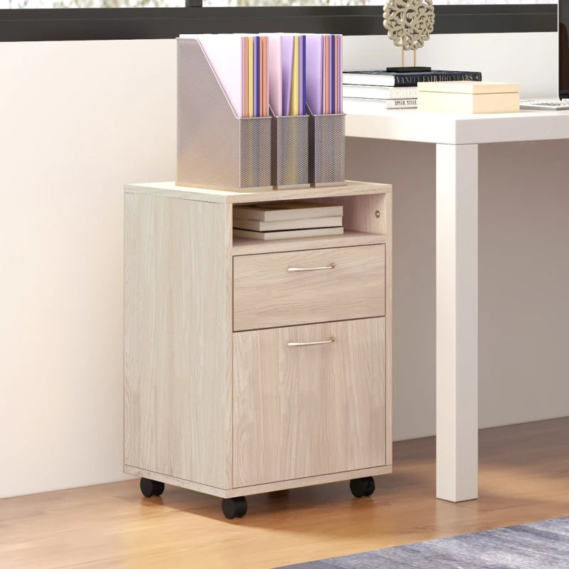 24" Small Filing Cabinet with Open Compartment, Drawer and Wheels, Home Office Storage Cabinet, Oak