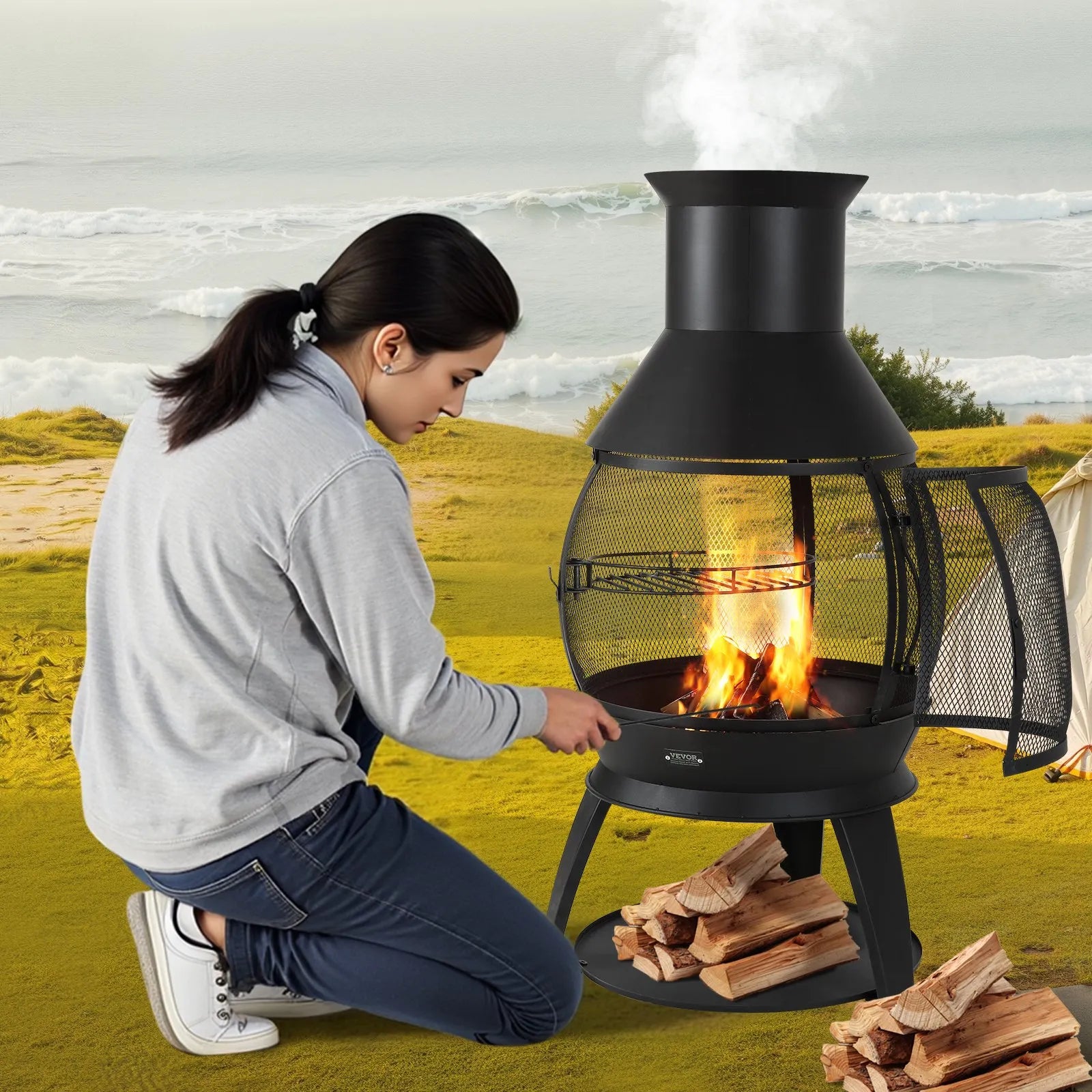 VEVOR 22 Inch Chiminea Outdoor Iron Fireplace with Grill Mesh & Chimney Coat