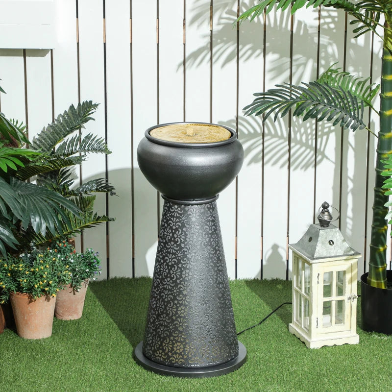 28" Tall Outdoor Water Fountain with LED Lights, Bowl Garden Waterfall Fountain with Adjustable Flow, Outdoor Water Feature with Cut-out Floral Base, Dark Grey and Yellow