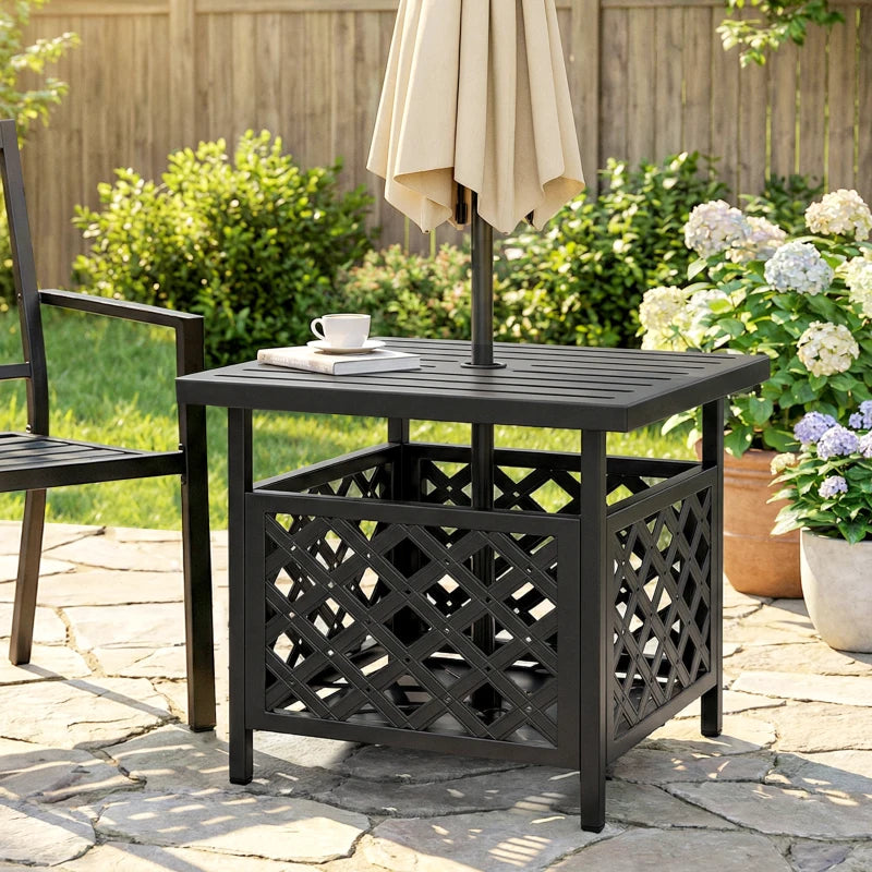 22" Outdoor Coffee Table, Patio Side Table with Umbrella Hole Slatted, Metal Top, for Garden, Backyard, Poolside, Black