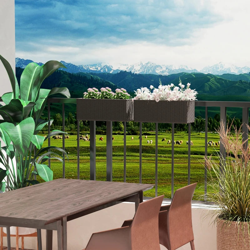 2 Pack 20 Inch Hanging Flower Pots, Railing Planter Box for Fence, Garden, Rattan Look, Brown