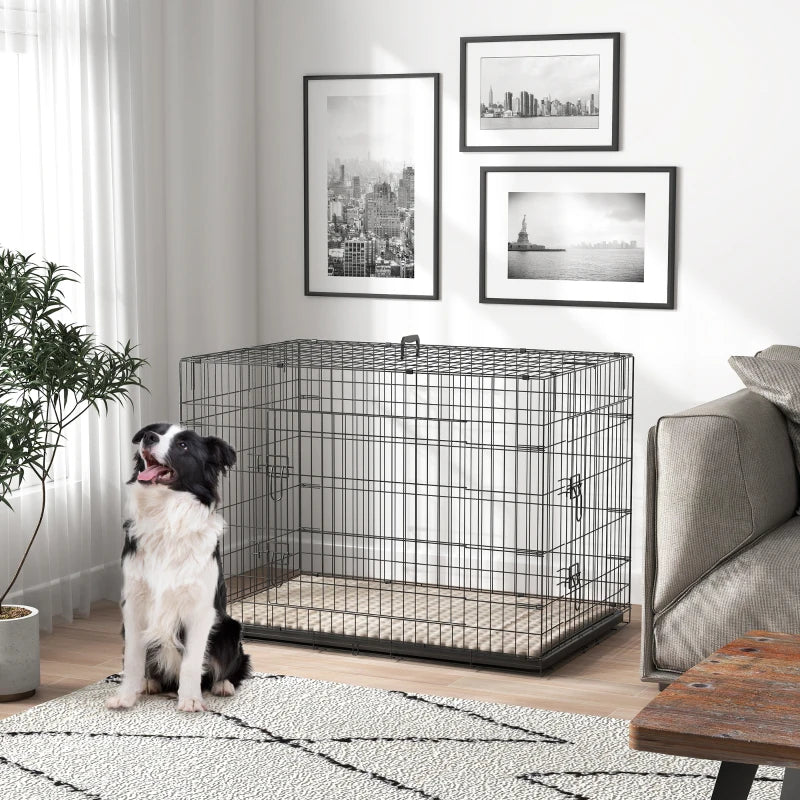 41" Dog Crate with 2 Doors, Folding Metal Dog Cage with Soft Cushion, Removable Tray, Handle, for Small Dogs, Black