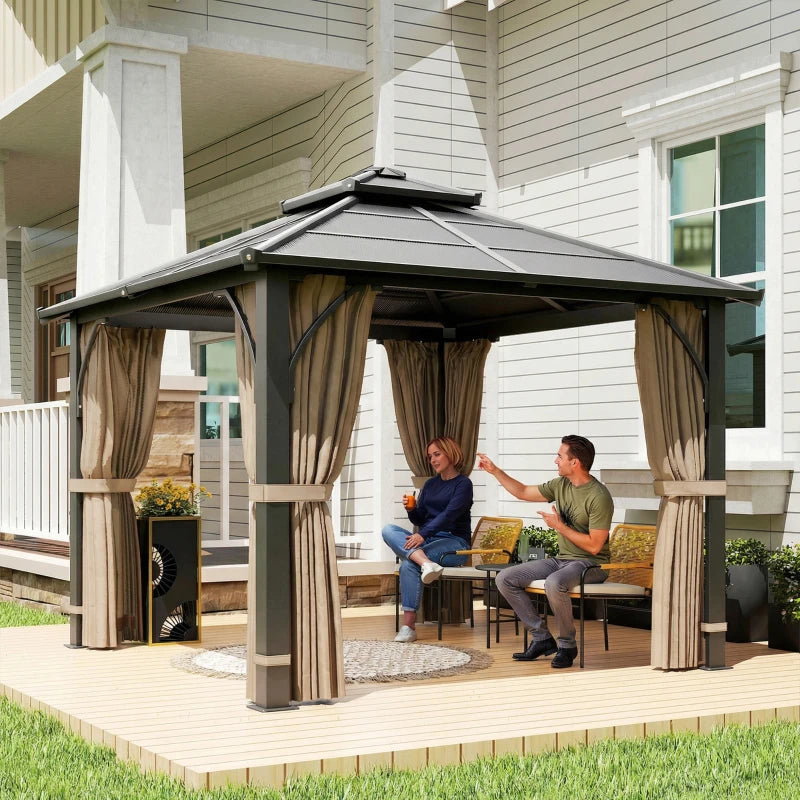 10' x 10' Hardtop Gazebo with 7mm Double Polycarbonate Roof, Outdoor Gazebo with Netting and Curtains, Khaki