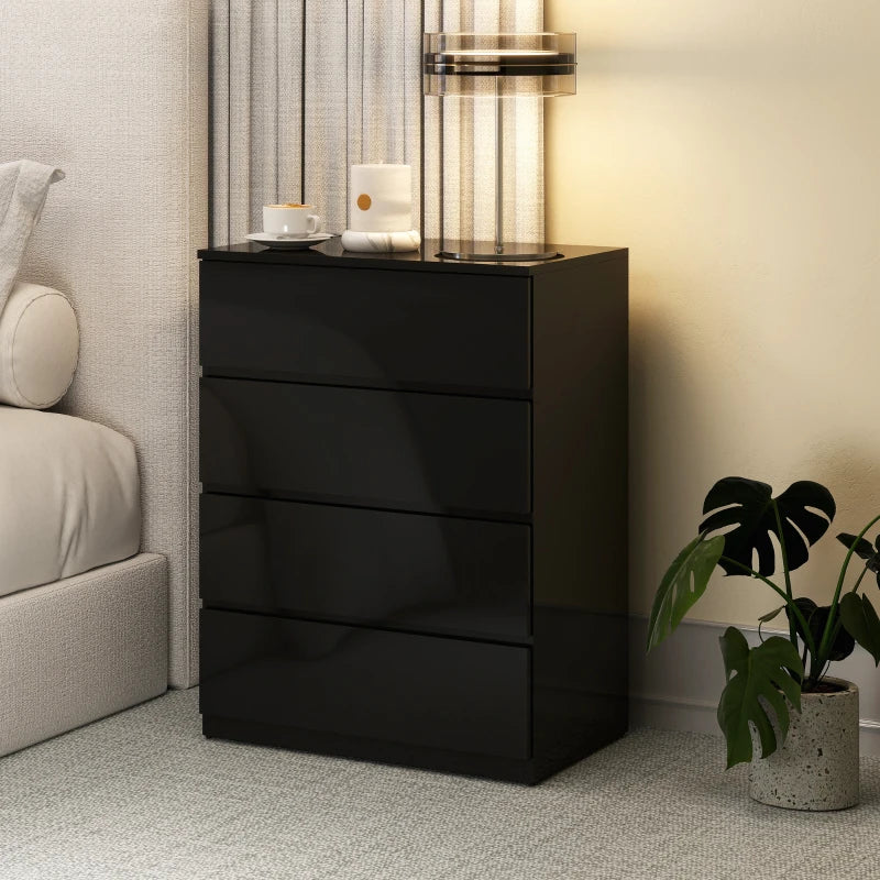 4 Drawer Cabinet, High Gloss Drawer Chest for Bedroom, Chest of Drawers with Metal Runners and Groove Handles, Black