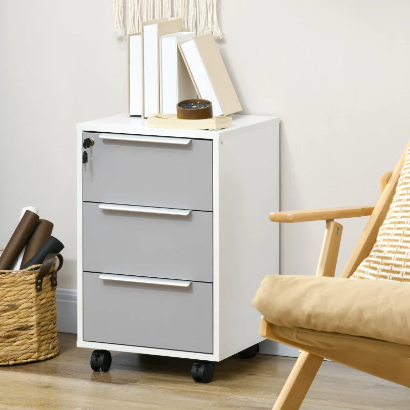 3 Drawer File Cabinet with Wheels, Vertical Filing Cabinet with Lock, Grey