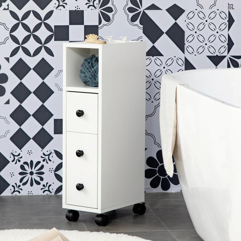 Slim Bathroom Cabinet with Wheels, Narrow Bathroom Storage Cabinet with Door, Drawer and 2 Open Compartments, White