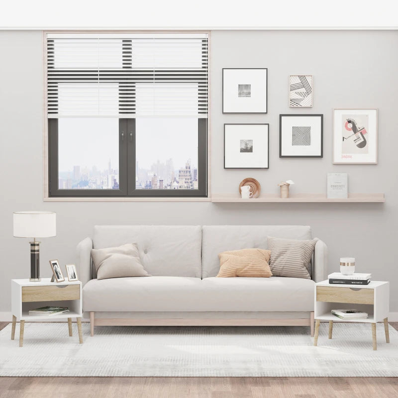 Set of 2 Bedside Table with Drawer and Shelf, Modern Nightstand with Wooden Legs, End Table for Bedroom, White